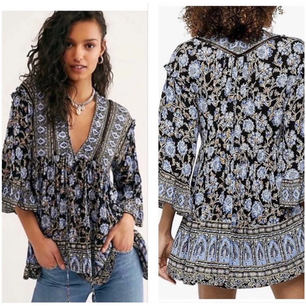 Anthropologie Rose & Thyme Sz S Bohemian Floral Tunic Tie Top Boho